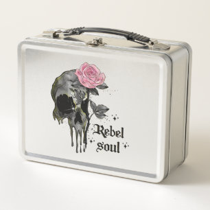 Rebel Soul - Gothic Skull with Pink Rose Metal Lunch Box