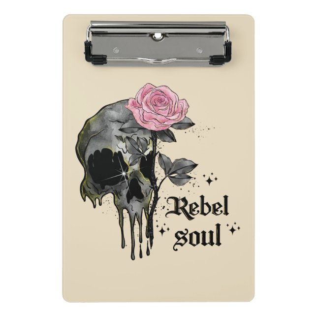 Rebel Soul - Gothic Skull with Pink Rose Mini Clipboard (Front)