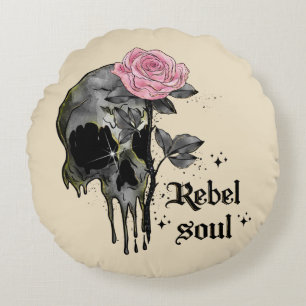 Rebel Soul - Gothic Skull with Pink Rose Round Cushion