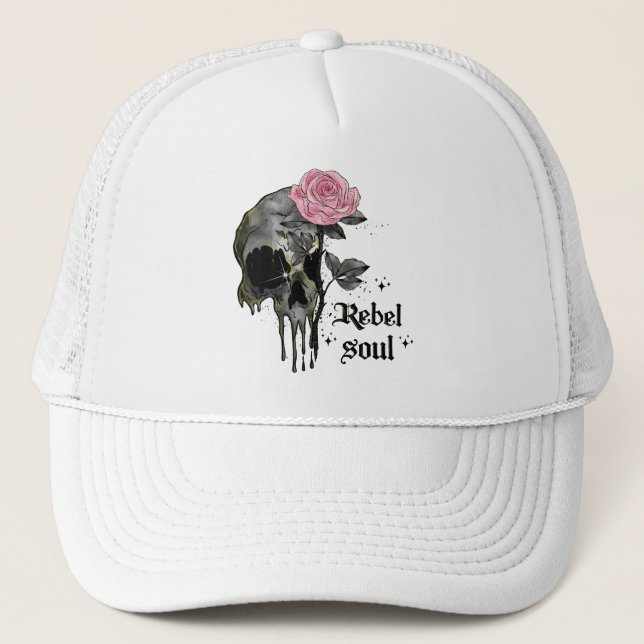 Rebel Soul - Gothic Skull with Pink Rose Trucker Hat (Front)