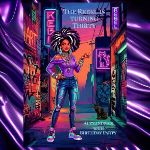 Rebel Woman Birthday Graffiti Neon Purple Alleyway Invitation