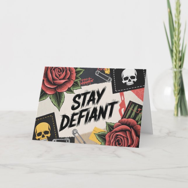 Rebellious Design: "Stay Defiant" Punk Slogan Card (Front)