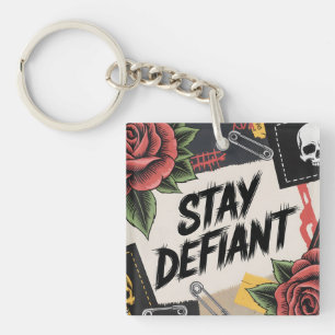 Rebellious Design: "Stay Defiant" Punk Slogan Key Ring