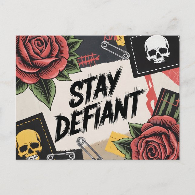 Rebellious Design: "Stay Defiant" Punk Slogan Postcard (Front)