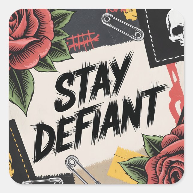 Rebellious Design: "Stay Defiant" Punk Slogan Square Sticker (Front)