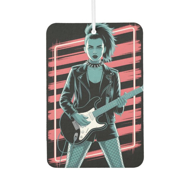 Rebellious Rock Star: Female Guitarist in Leather  Car Air Freshener (Front)