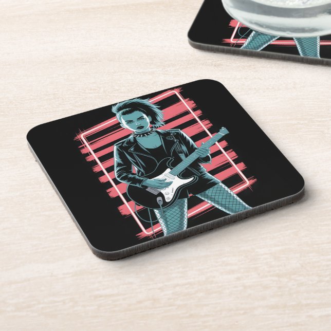 Rebellious Rock Star: Female Guitarist in Leather  Coaster (Left Side)