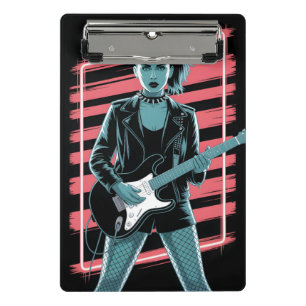 Rebellious Rock Star: Female Guitarist in Leather  Mini Clipboard