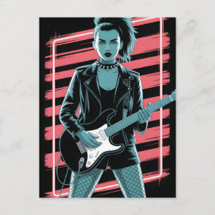Rebellious Rock Star: Female Guitarist in Leather Postcard