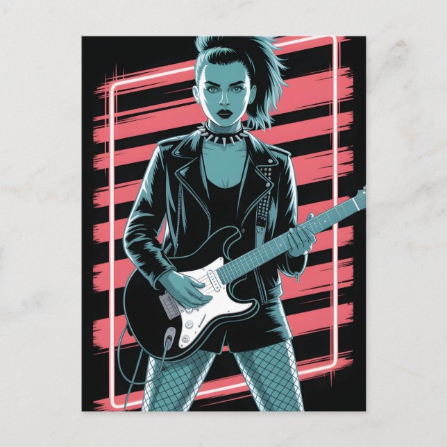Rebellious Rock Star: Female Guitarist in Leather  Postcard (Front)