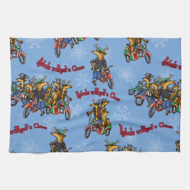 Rebels without a Claus Reindeer Blue Holiday Tea Towel (Horizontal)