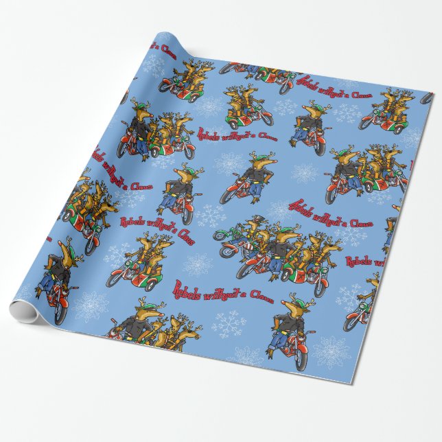 Rebels without a Claus Reindeer Blue Holiday Wrapping Paper (Unrolled)