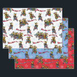 Rebels without a Claus Reindeer Holiday Trio Wrapping Paper Sheet<br><div class="desc">Humourous illustration of the reindeer motorcycle gang looking for their leader,  Santa Claus. This design is available on a variety of products for the home and apparel for the entire family. This trio includes white,  red and blue backgrounds.</div>