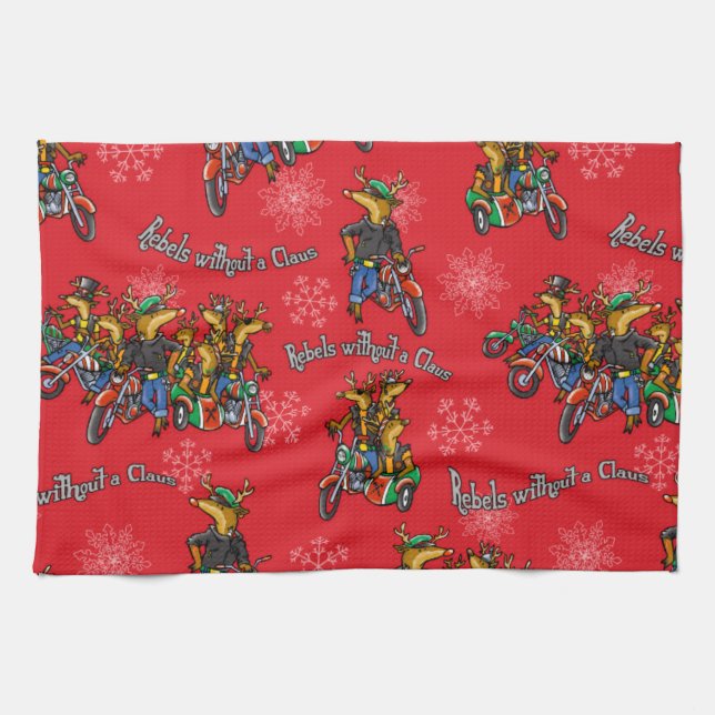 Rebels without a Claus Reindeer Red Holiday Tea Towel (Horizontal)