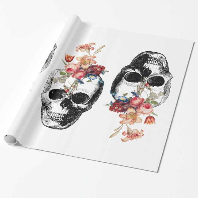Rebirth - Skulls Blossoming Wrapping Paper (Unrolled)