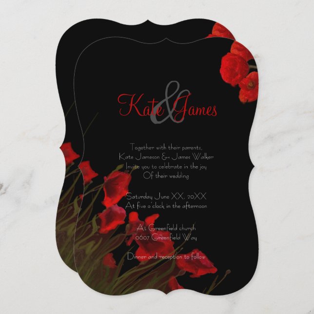 Rec and Black Poppies Gothic Wedding Invitation (Front/Back)