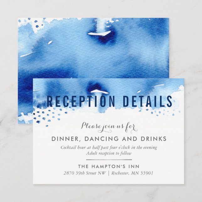 RECEPTION CARD stylish watercolor brush dark blue (Front/Back)