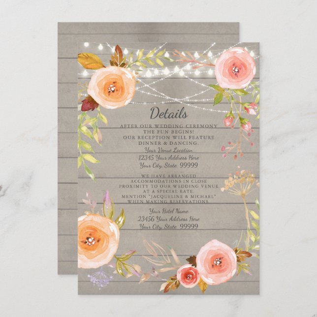 Reception Details Rustic Twinkle Light Floral Wood Invitation (Front/Back)