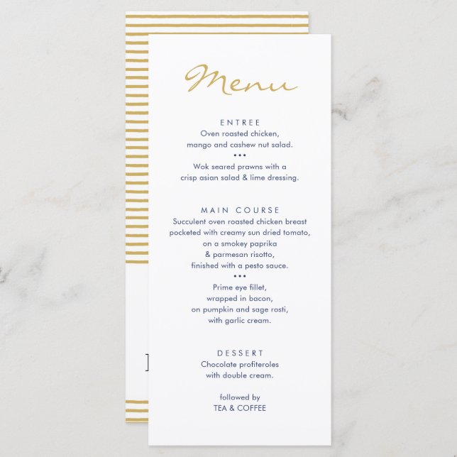 RECEPTION DINNER MENU stylish navy gold cross (Front/Back)