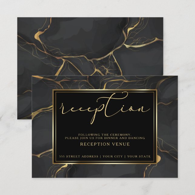 RECEPTION | Elegant Black and Gold Marble Invitation (Front/Back)