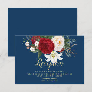 Reception Navy Blue with Crimson Red Peonies Invitation