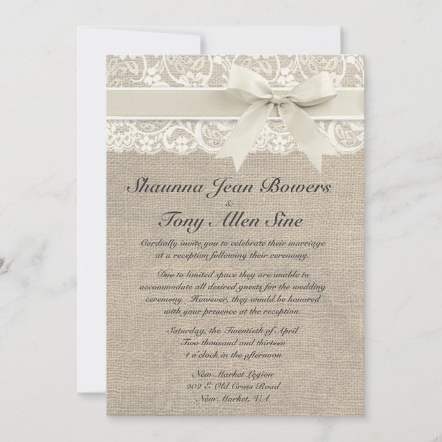 Reception of marriage between ivory and jute canva invitation (Front)