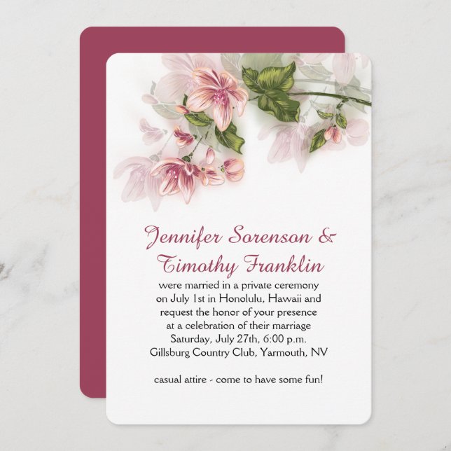 Reception Only Watercolor Pink Flowers Blossoms Invitation (Front/Back)
