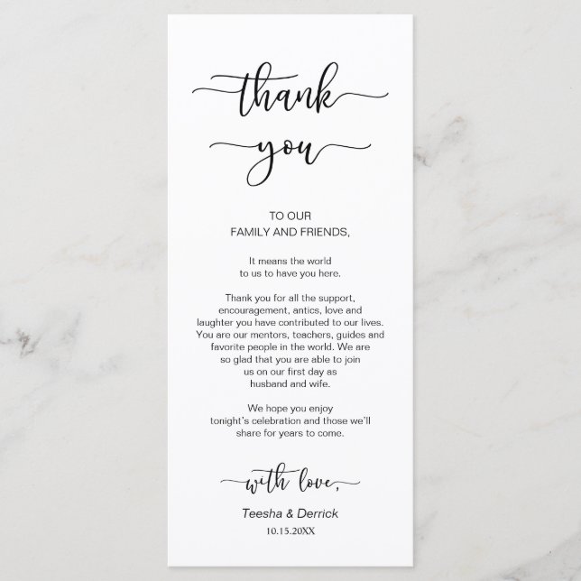 Reception Place Setting Thank You, Black Font Card (Front)