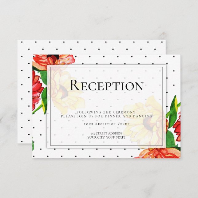 Reception | Polka Dots and Red Yellow Floral Invitation (Front/Back)