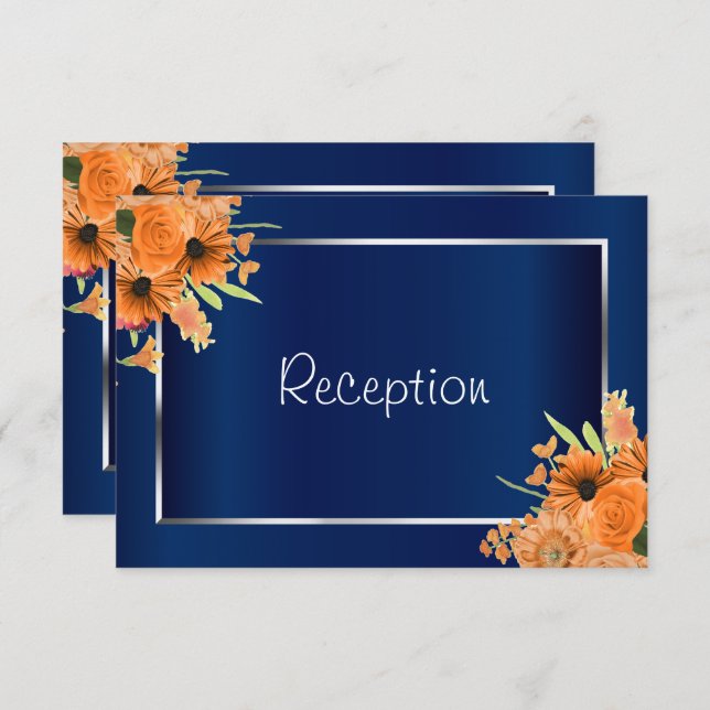 Reception - Pretty Orange Flowers on Navy Blue Invitation (Front/Back)