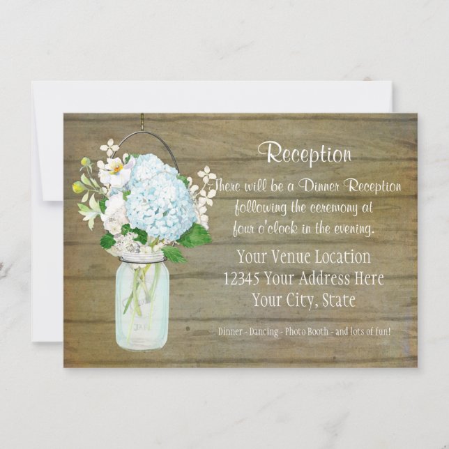 Reception Rustic Country Mason Jar Blue Hydrangeas Invitation (Front)