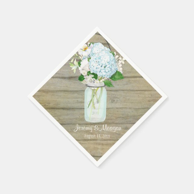 Reception Rustic Country Mason Jar Blue Hydrangeas Napkin (Corner)
