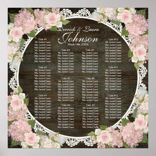 Reception Seating Chart Hydrangea Dark Wood Lace (Front)