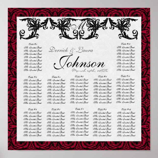 Reception Table Seating Chart, Black White Damask Poster (Front)