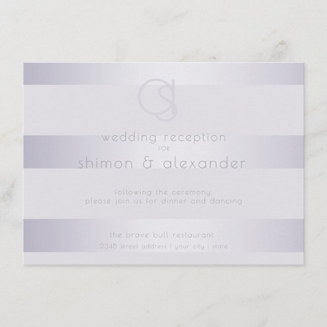 Reception | Violet Silver Shimmer Stripes Monogram Enclosure Card (Front)