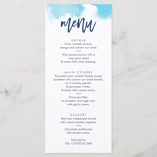 RECEPTION WEDDING MENU cute aqua blue watercolor (Front)
