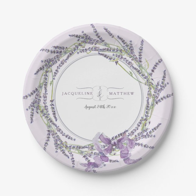 Reception Wreath French Lavender Floral Watercolor Paper Plate (Front)