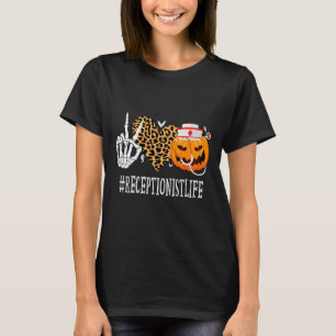 Receptionist Peace Love Pumpkin Fun Halloween Leop T-Shirt