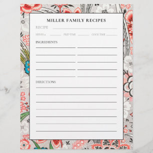 Recipe Binder Page Family Name Elegant Floral