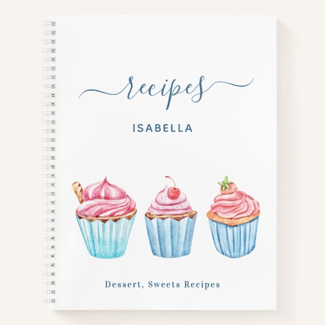 Recipe blush pink baking blue cupcakes name notebook (Front)
