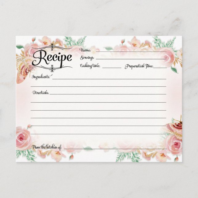 Recipe Blush Pink Floral Rose Gold Bridal Shower Postcard (Front)