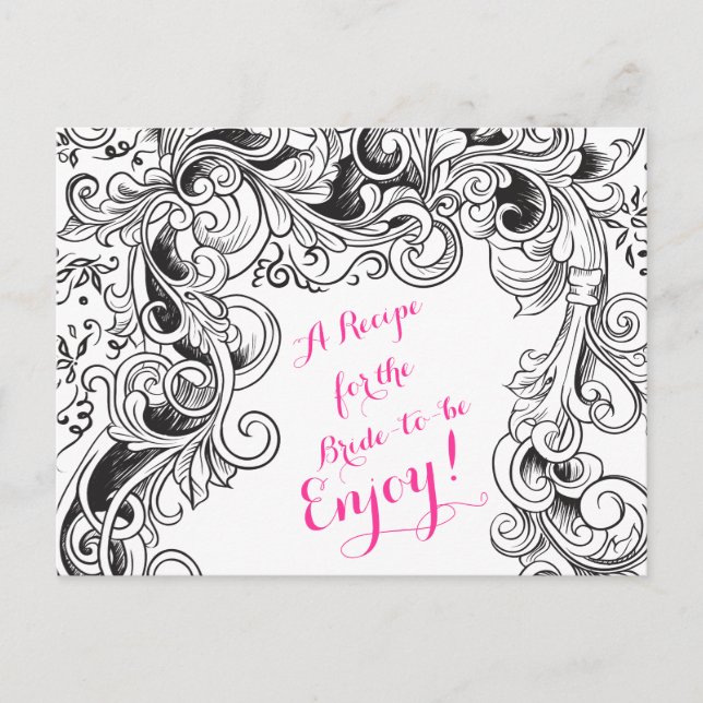 Recipe Card Bridal Shower | Black White Floral (Front)