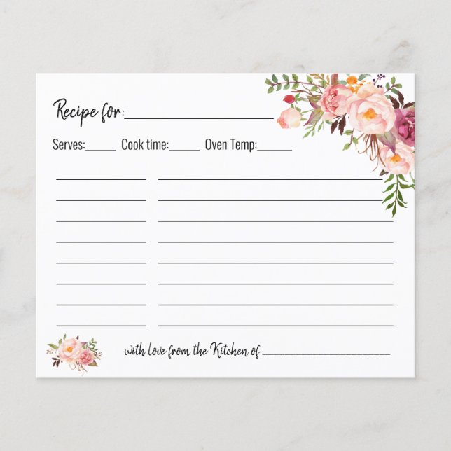 Recipe card bridal shower pink floral wedding (Front)