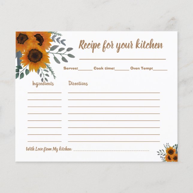 Recipe Card Bridal Shower Sunflowers Greenery  (Front)