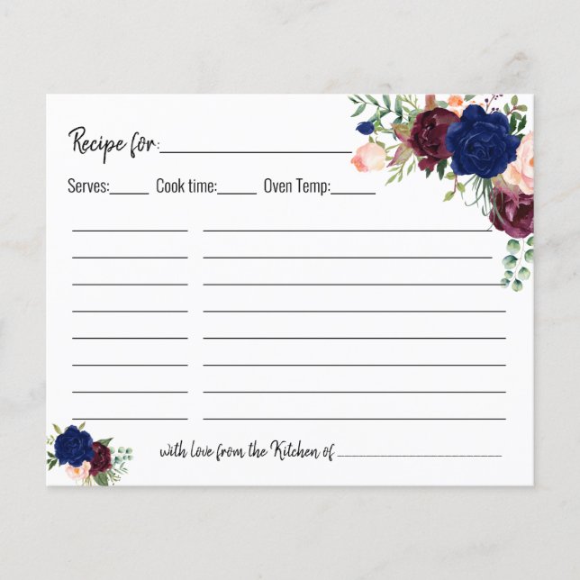 Recipe card bridal shower wedding navy floral (Front)