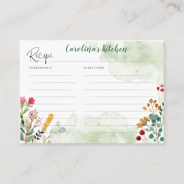 Recipe Card featuring watercolor wildflowers (Front)