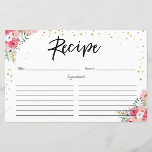 Recipe Card Floral Pink Gold Bridal Shower Flowers