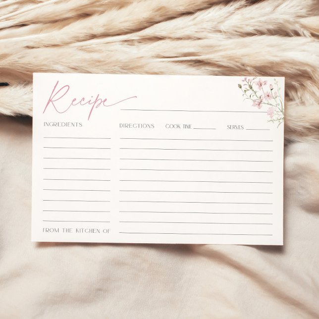 Recipe Card for the Bride Blush Pink Wildflowers (Recipe card with blush pink flowers for bridal shower)