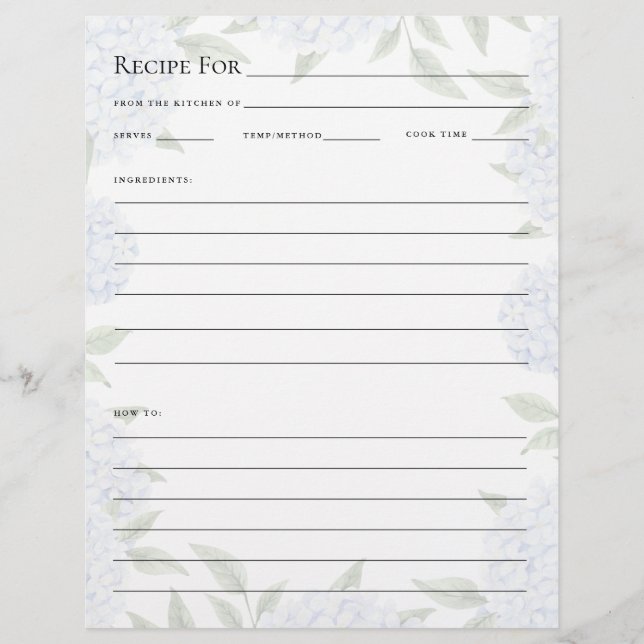 Recipe Card, Full Page for Binder, Faded Hydrangea (Front)