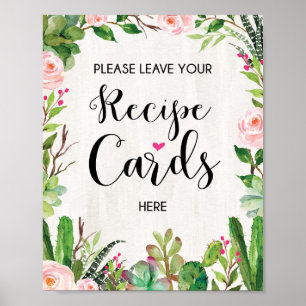 Recipe Card Sign Succulent Cactus Wedding Decor